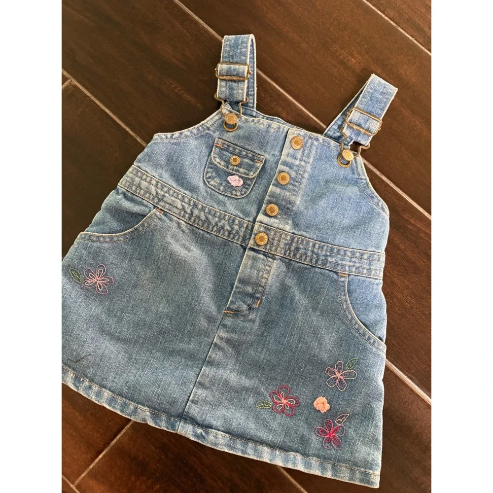 Old Navy Baby Girls Denim Overall Dress Floral Embroidered Y2K Vintage 12-18M